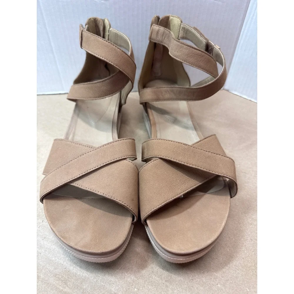 Eileen Fisher Tan Leather Crisscross Wedge Sandals Womens 10 Gladiator Platform